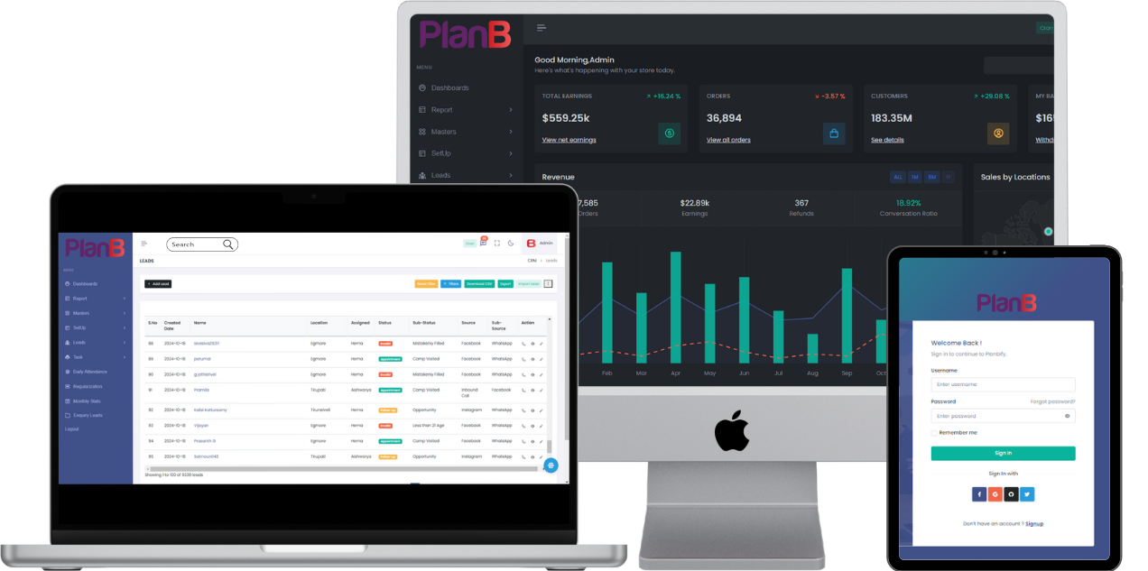 planb's Tele-calling dashboard displays call data, a mobile mockup showcasing the call history, and a small screenshot showing the call recording feature.